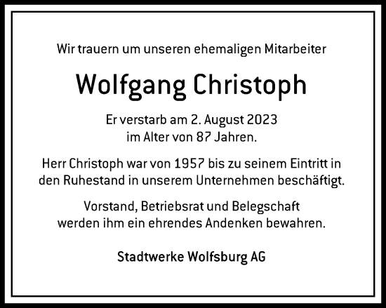 Traueranzeige von Wolfgang Christoph von Wolfsburger Nachrichten