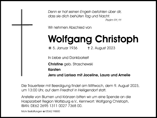 Traueranzeige von Wolfgang Christoph von Wolfsburger Nachrichten