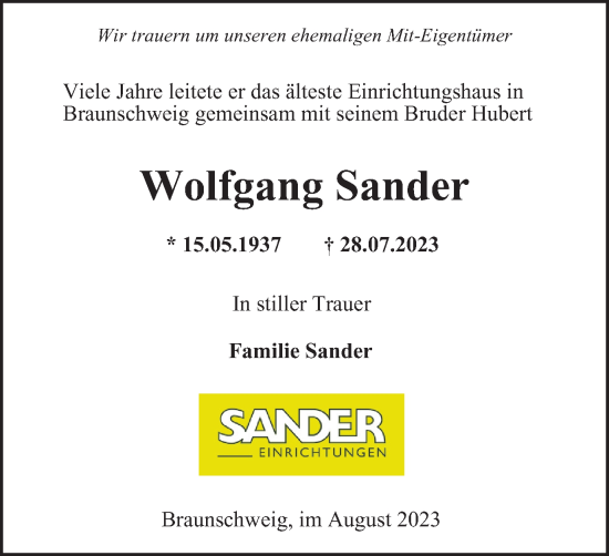 Traueranzeige von Wolfgang Sander von Braunschweiger Zeitung