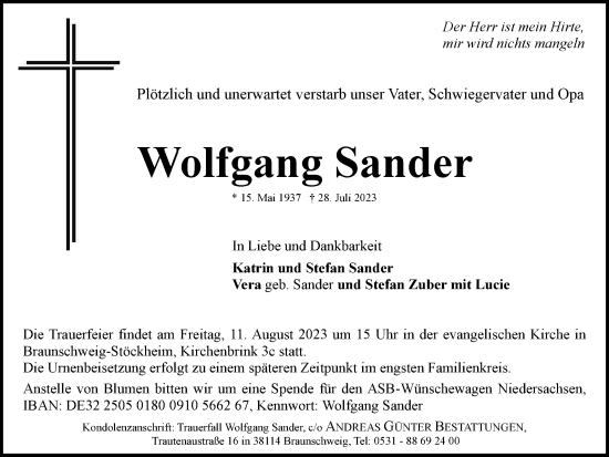 Traueranzeige von Wolfgang Sander von Braunschweiger Zeitung