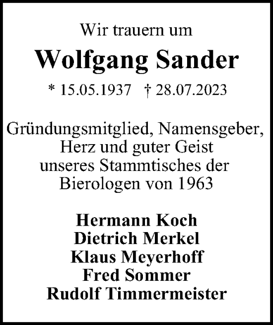 Traueranzeige von Wolfgang Sander von Braunschweiger Zeitung