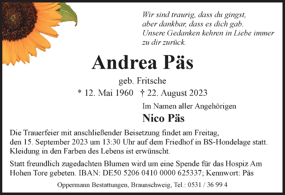  Traueranzeige für Andrea Päs vom 06.09.2023 aus Braunschweiger Zeitung