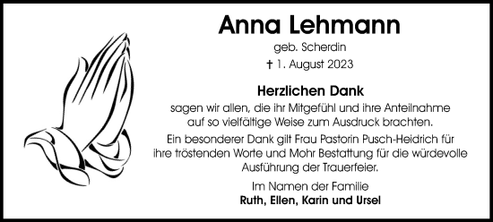 Traueranzeige von Anna Lehmann von Wolfsburger Nachrichten