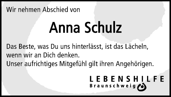 Traueranzeige von Anna Schulz von Braunschweiger Zeitung