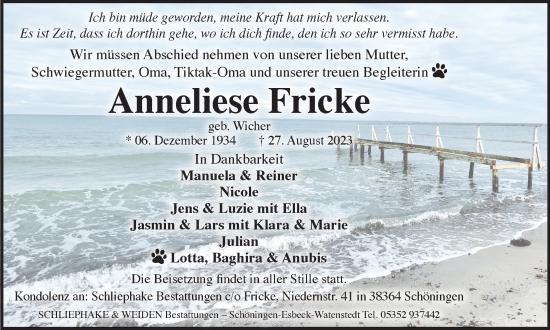 Traueranzeige von Anneliese Fricke von Wolfsburger Nachrichten