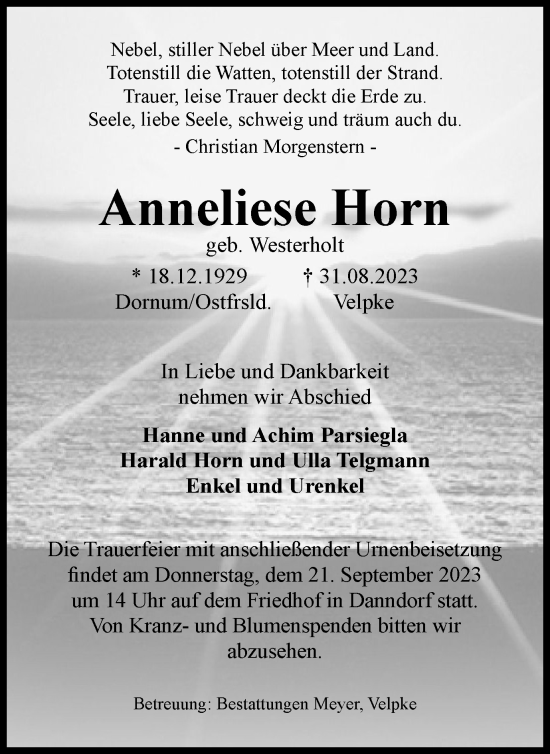 Traueranzeige von Anneliese Horn von Wolfsburger Nachrichten