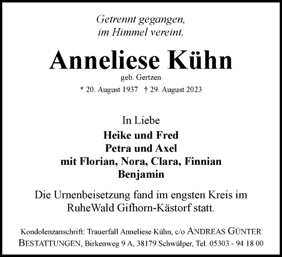 Traueranzeige von Anneliese Kühn von Braunschweiger Zeitung