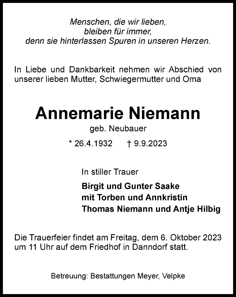  Traueranzeige für Annemarie Niemann vom 29.09.2023 aus Helmstedter Nachrichten