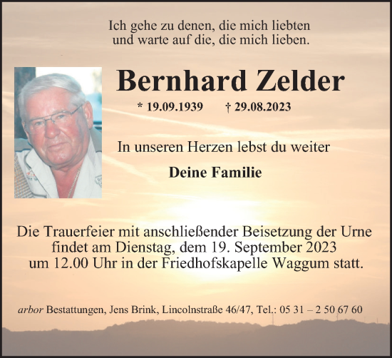 Traueranzeige von Bernhard Zelder von Braunschweiger Zeitung