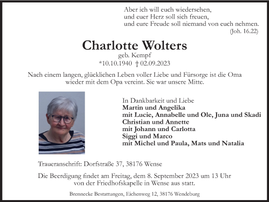 Traueranzeige von Charlotte Wolters von Peiner Nachrichten