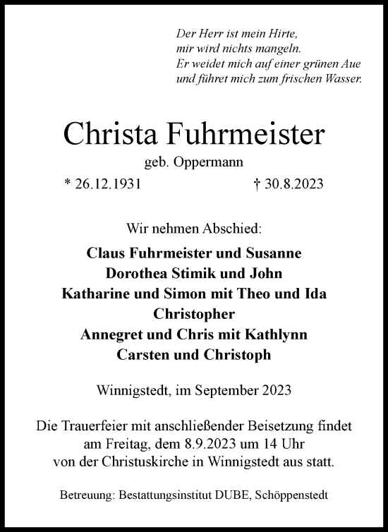 Traueranzeige von Christa Fuhrmeister von Wolfenbütteler Zeitung