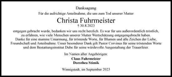 Traueranzeige von Christa Fuhrmeister von Wolfenbütteler Zeitung