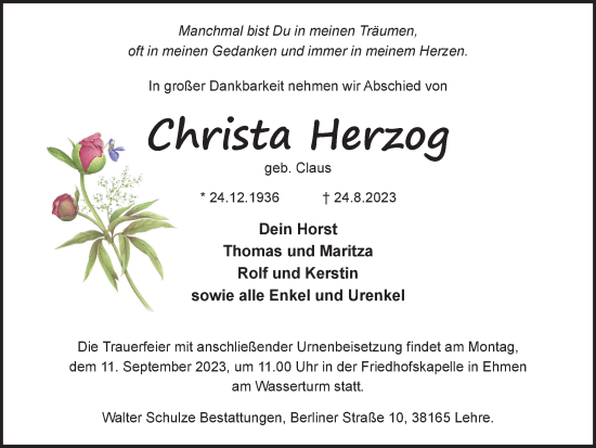 Traueranzeige von Christa Herzog von Wolfsburger Nachrichten