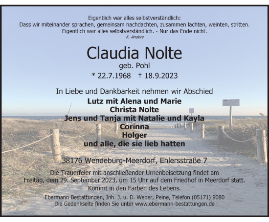 Traueranzeige von Claudia Nolte von Peiner Nachrichten