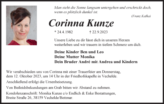 Traueranzeige von Corinna Kunze von Braunschweiger Zeitung