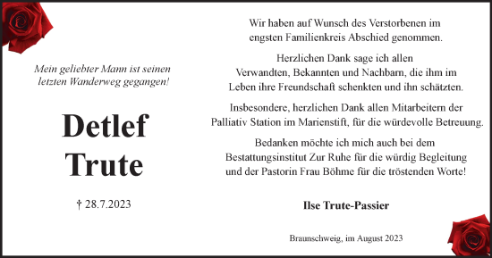 Traueranzeige von Detlef Trute von Braunschweiger Zeitung