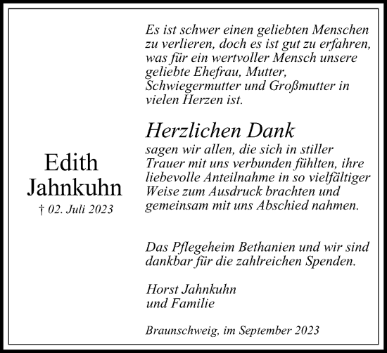 Traueranzeige von Edith Jahnkuhn von Braunschweiger Zeitung