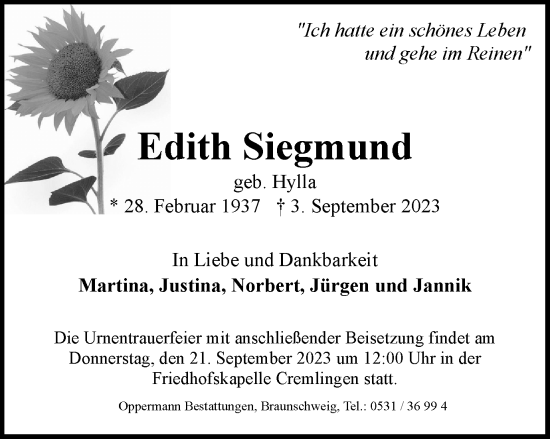 Traueranzeige von Edith Siegmund von Braunschweiger Zeitung