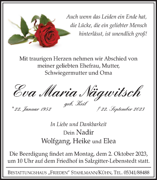 Traueranzeige von Eva Maria Nägwitsch von Salzgitter-Zeitung