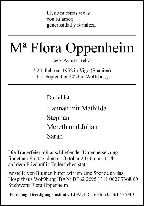 Traueranzeige von Flora Oppenheim von Wolfsburger Nachrichten