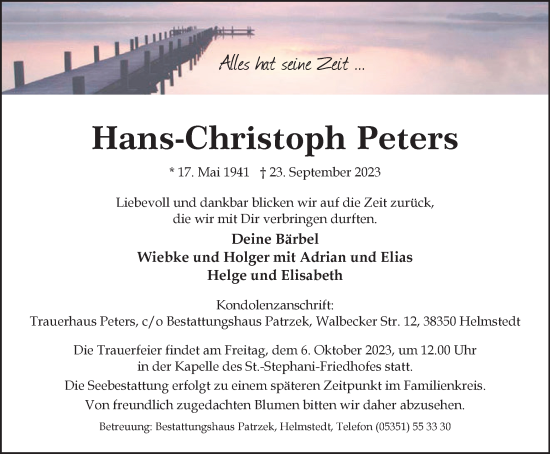 Traueranzeige von Hans-Christoph Peters von Helmstedter Nachrichten