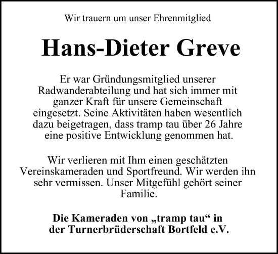 Traueranzeige von Hans-Dieter Greve von Peiner Nachrichten