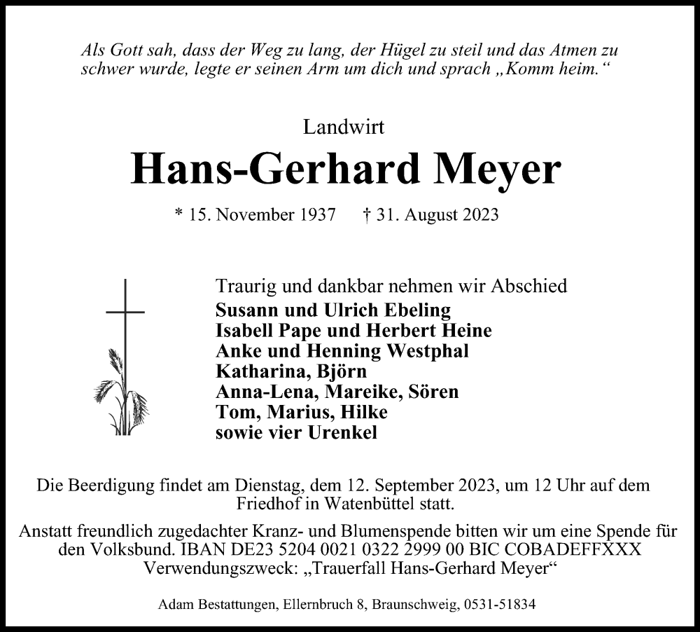  Traueranzeige für Hans-Gerhard Meyer vom 04.09.2023 aus Braunschweiger Zeitung