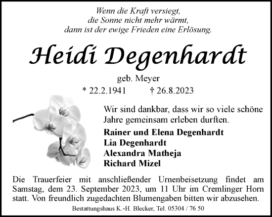 Traueranzeige von Heidi  Degenhardt von Braunschweiger Zeitung