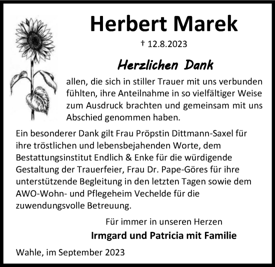 Traueranzeige von Herbert Marek von Peiner Nachrichten