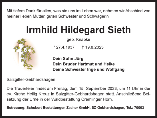 Traueranzeige von Irmhild Hildegard Sieth von Salzgitter-Zeitung