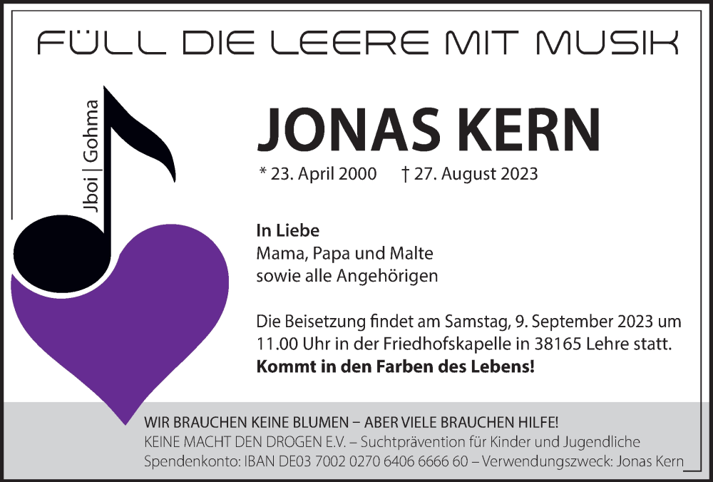  Traueranzeige für Jonas Kern vom 02.09.2023 aus Braunschweiger Zeitung