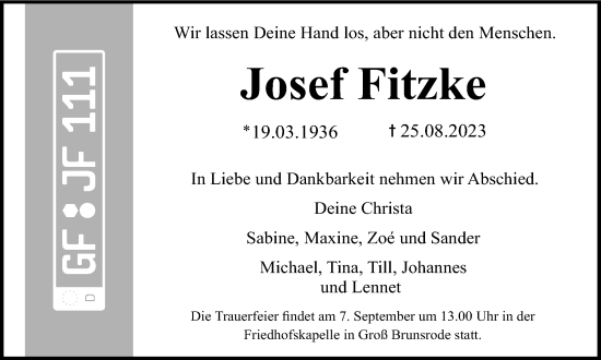 Traueranzeige von Josef Fitzke von Helmstedter Nachrichten