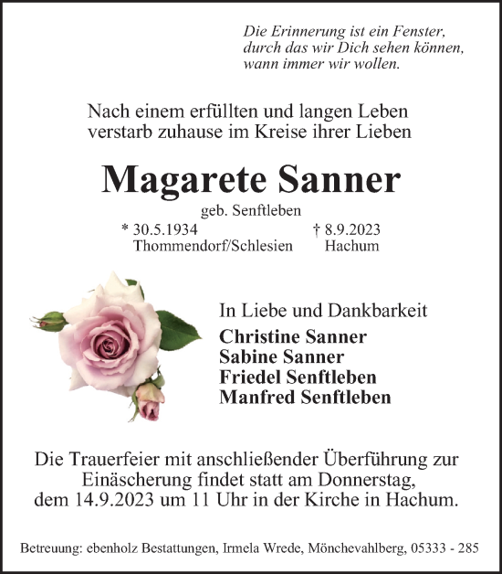 Traueranzeige von Magarete Sanner von Wolfenbütteler Zeitung