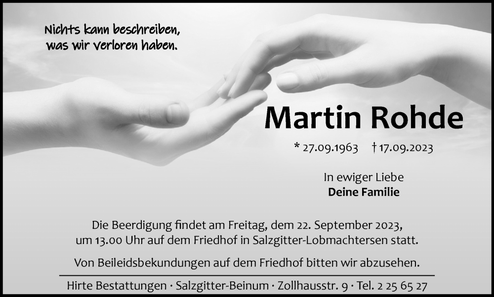  Traueranzeige für Martin Rohde vom 21.09.2023 aus Salzgitter-Zeitung