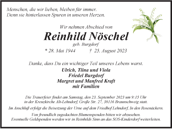 Traueranzeige von Reinhild Nöschel von Braunschweiger Zeitung