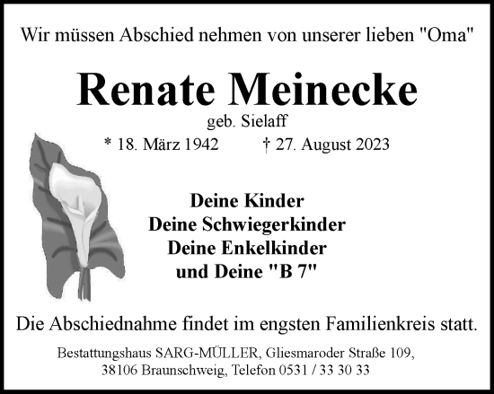 Traueranzeige von Renate Meinecke von Braunschweiger Zeitung