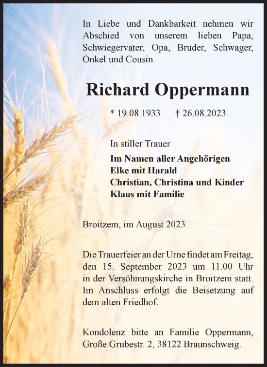 Traueranzeige von Richard Oppermann von Braunschweiger Zeitung