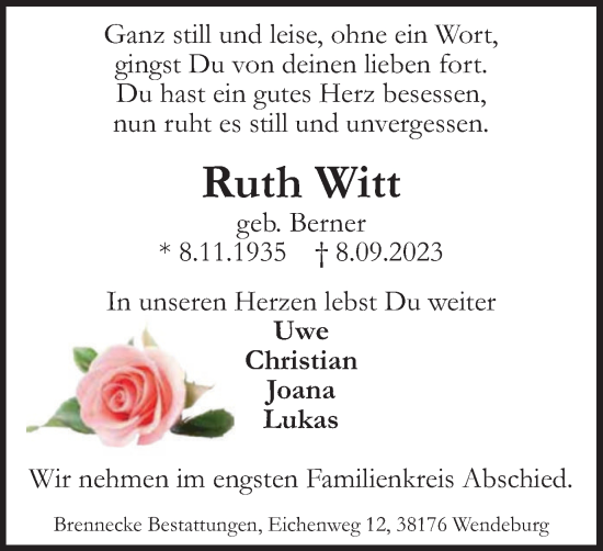 Traueranzeige von Ruth Witt von Braunschweiger Zeitung