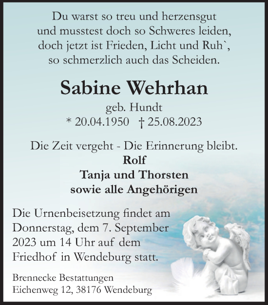 Traueranzeige von Sabine Wehrhan von Peiner Nachrichten