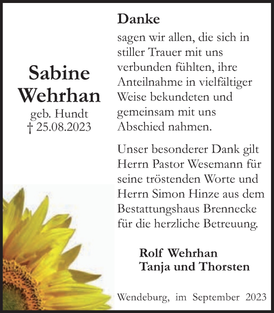 Traueranzeige von Sabine Wehrhan von Peiner Nachrichten