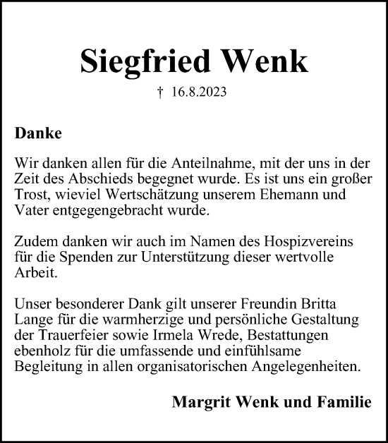 Traueranzeige von Siegfried Wenk von Braunschweiger Zeitung