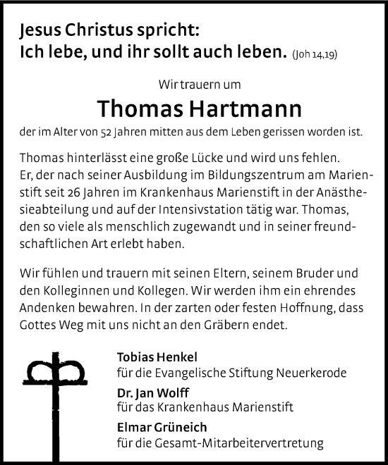 Traueranzeige von Thomas Hartmann von Braunschweiger Zeitung