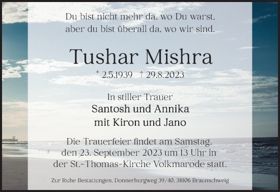 Traueranzeige von Tushar Mishra von Braunschweiger Zeitung