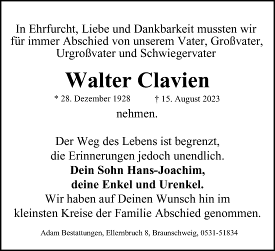 Traueranzeige von Walter Clavien von Braunschweiger Zeitung