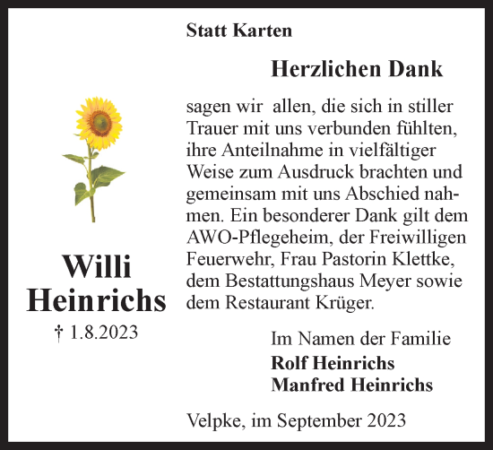 Traueranzeige von Willi Heinrichs von Wolfsburger Nachrichten