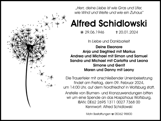 Traueranzeige von Alfred Schidlowski von Wolfsburger Nachrichten