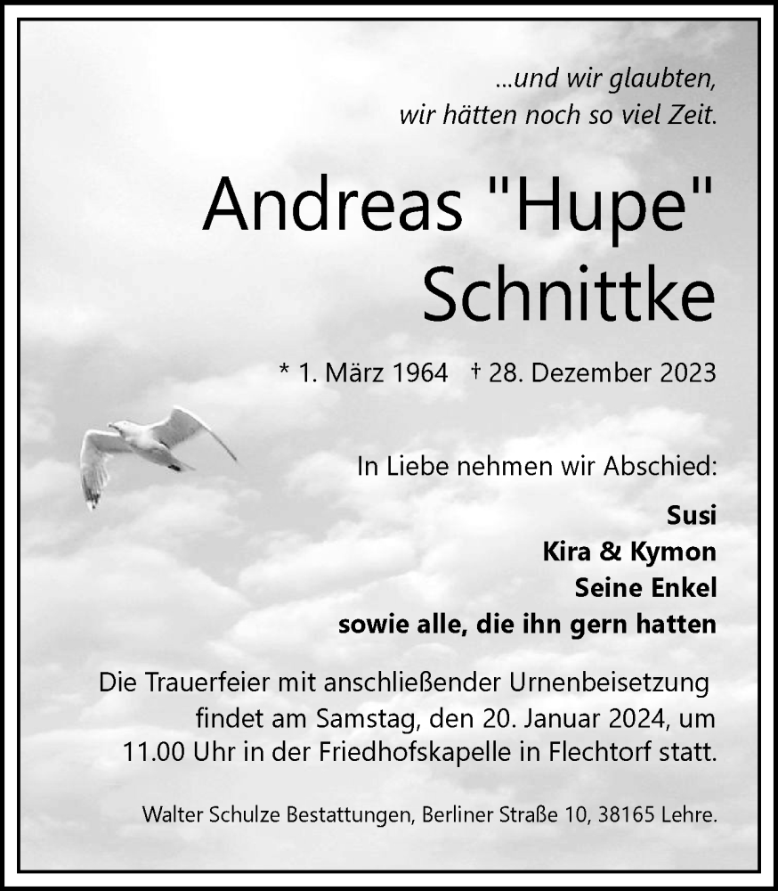  Traueranzeige für Andreas Schnittke vom 06.01.2024 aus Wolfsburger Nachrichten