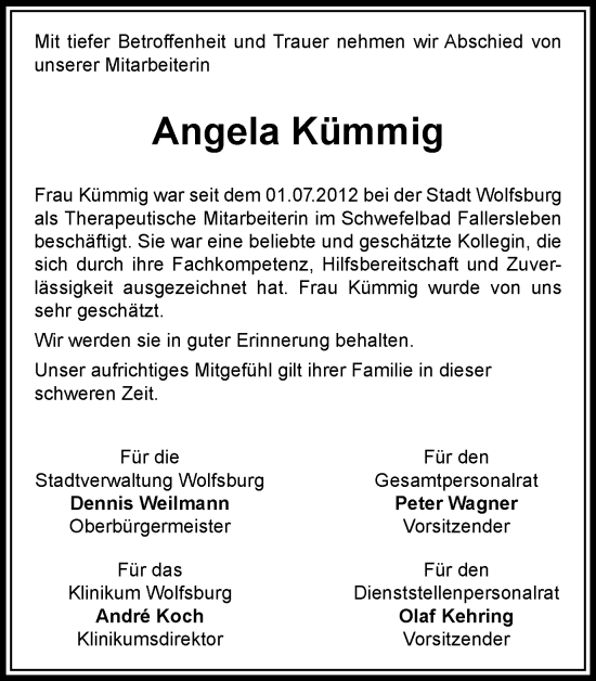 Traueranzeige von Angela Kümmig von Wolfsburger Nachrichten