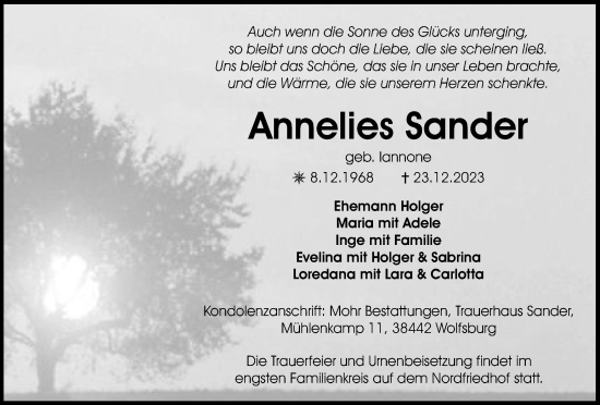 Traueranzeige von Annelies Sander von Wolfsburger Nachrichten