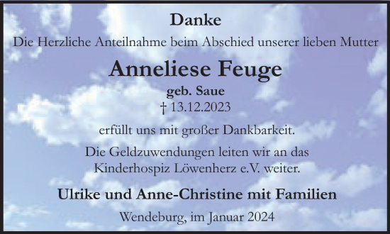 Traueranzeige von Anneliese Feuge von Braunschweiger Zeitung